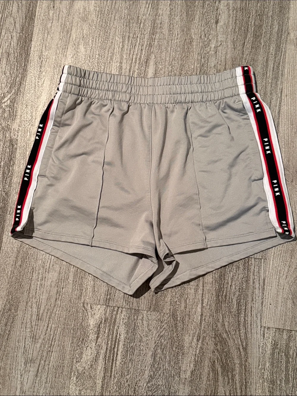 PINK Victoria's Secret Light Gray Athletic Shorts with Red & Black Side Stripes